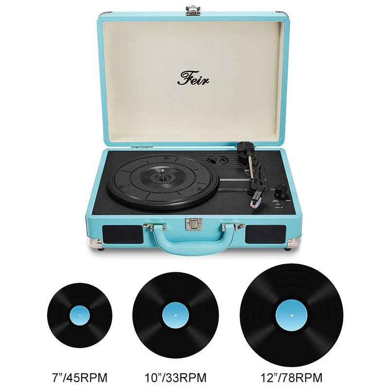 Feir Vinyl Stereo Blue Record Player 3 Speed Portable Turntable Suitcase Built in 2 Speakers RCA Line Out AUX Headphone Jack PC Recorder - Image 3